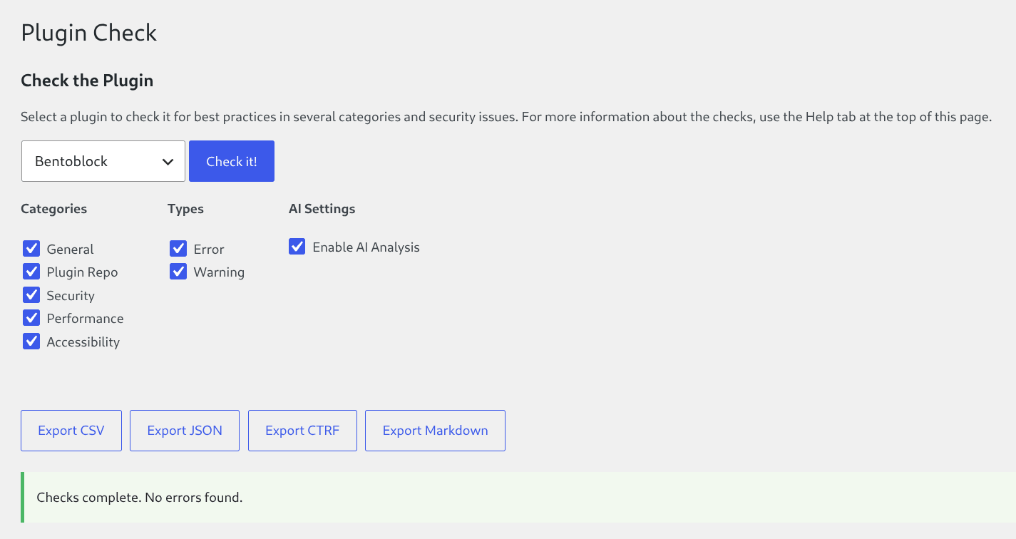 WordPress Plugin Check: Bentoblock successfully checked – no errors found. All categories enabled.